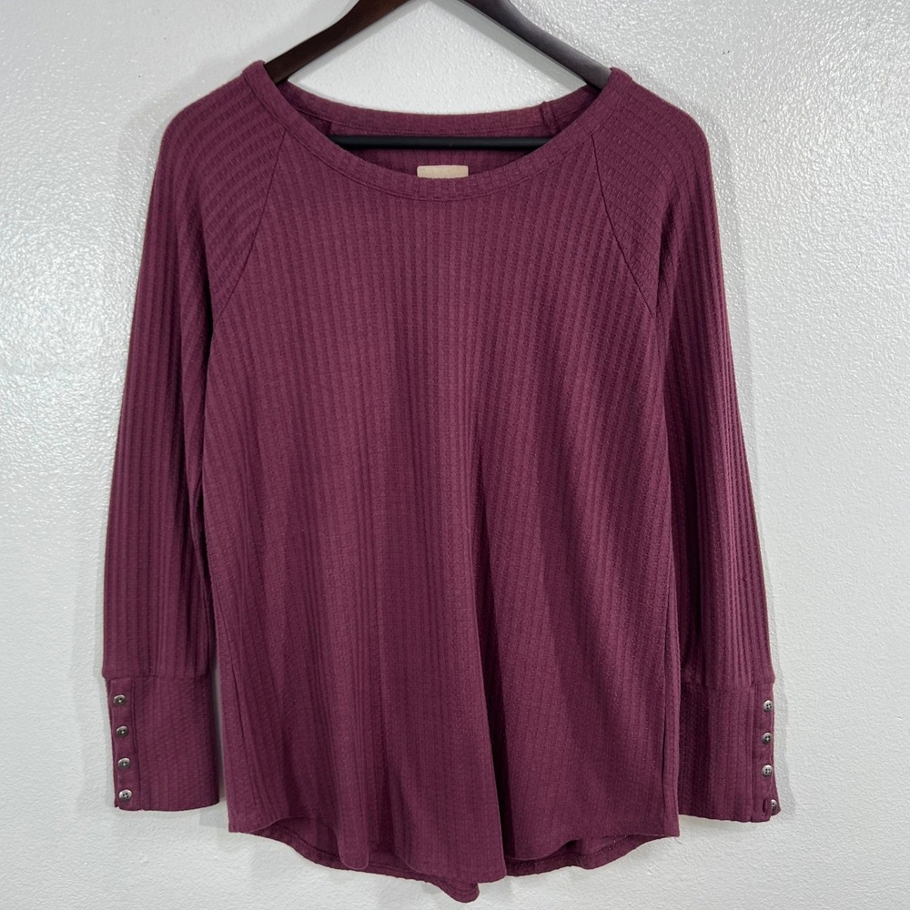 CHASER Purple Waffle Knit Thermal‎ Long Sleeve Top Button Cuff Raglan Large